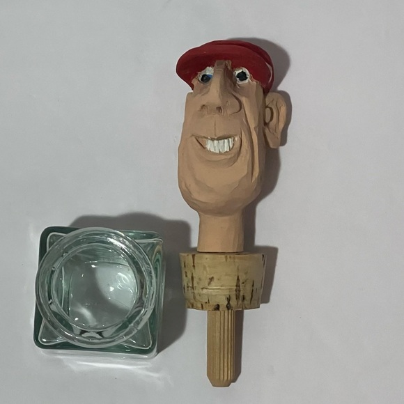 Vintage Craved Wood Bottle Cork Topper Signed 1998 Mini Square Glass Baseball Ca - Picture 9 of 10